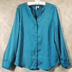 Elle Buttons & Bows V-neck Button Down Blouse Teal Blue Size M